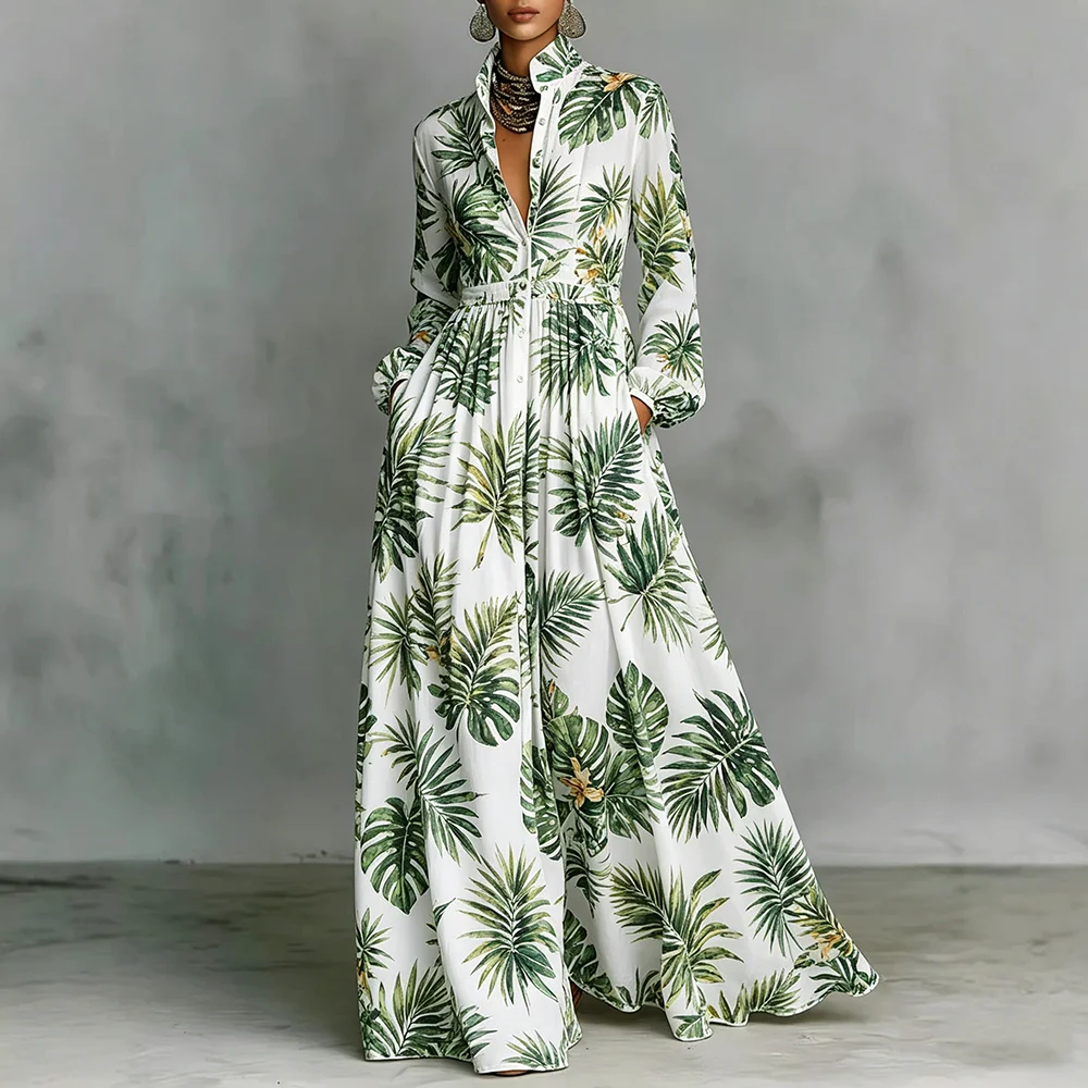 Women's Fashion Green Palm Leaf Print Maxi Dress Elegant Long Sleeve Stand Collar Versatile Bohemian A-Line Dress With Pockets
Women's Fashion Green Palm Leaf Print Maxi Dress Elegant Long Sleeve Stand Collar Versatile Bohemian A-Line Dress With Pockets