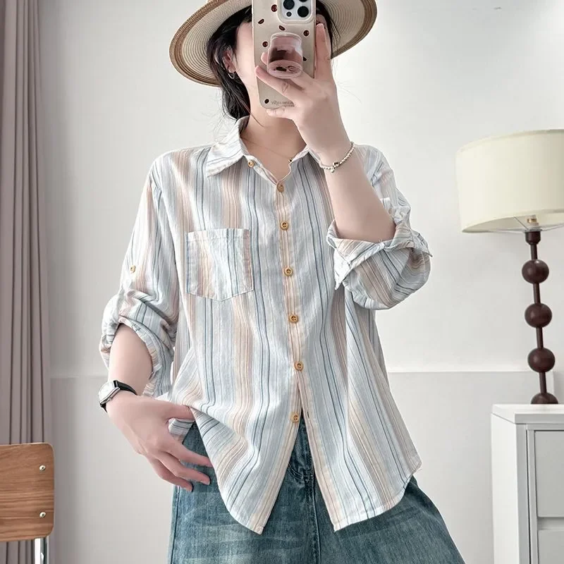 Women's Striped Linen Blend Shirt Lapel Collar Button Front Roll-up Sleeve Casual Blouse with Pocket
Women's Striped Linen Blend Shirt Lapel Collar Button Front Roll-up Sleeve Casual Blouse with Pocket
