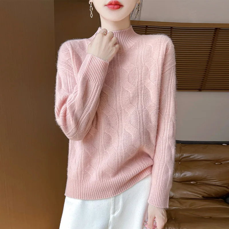 Autumn and Winter New Cashmere Top Women's Half High Collar Loose Knitted 100% Wool Pullover Shirt Solid Color Casual Sweater
Autumn and Winter New Cashmere Top Women's Half High Collar Loose Knitted 100% Wool Pullover Shirt Solid Color Casual Sweater