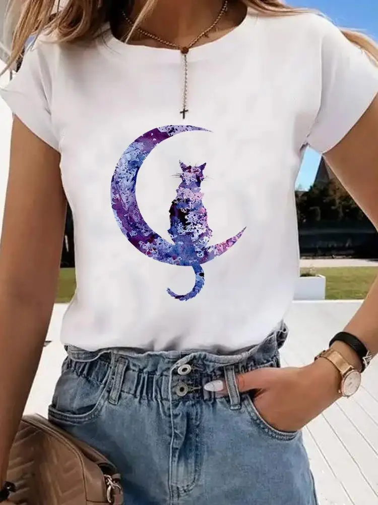 Женская футболка с принтом Moon Cat, Повседневная Базовая белая футболка с коротким рукавом, футболка унисекс с графическим принтом кошки
Женская футболка с принтом Moon Cat, Повседневная Базовая белая футболка с коротким рукавом, футболка унисекс с графическим принтом кошки