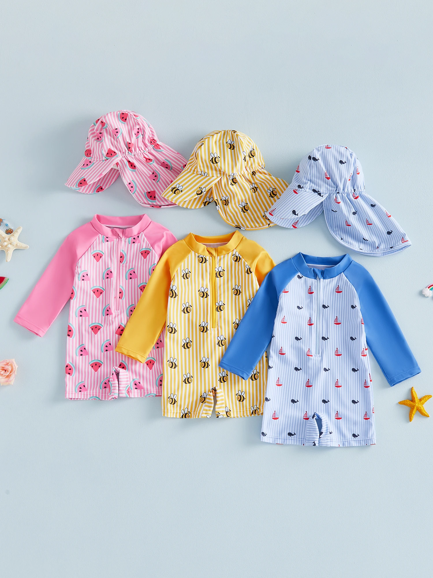 Комплект купального костюма для малышей с шляпой от солнца, состоящий из 2 предметов - милое купание в полоску с принтом божьей коровки, фламинго и кита на молнии с длинными рукавами
Комплект купального костюма для малышей с шляпой от солнца, состоящий из 2 предметов - милое купание в полоску с принтом божьей коровки, фламинго и кита на молнии с длинными рукавами