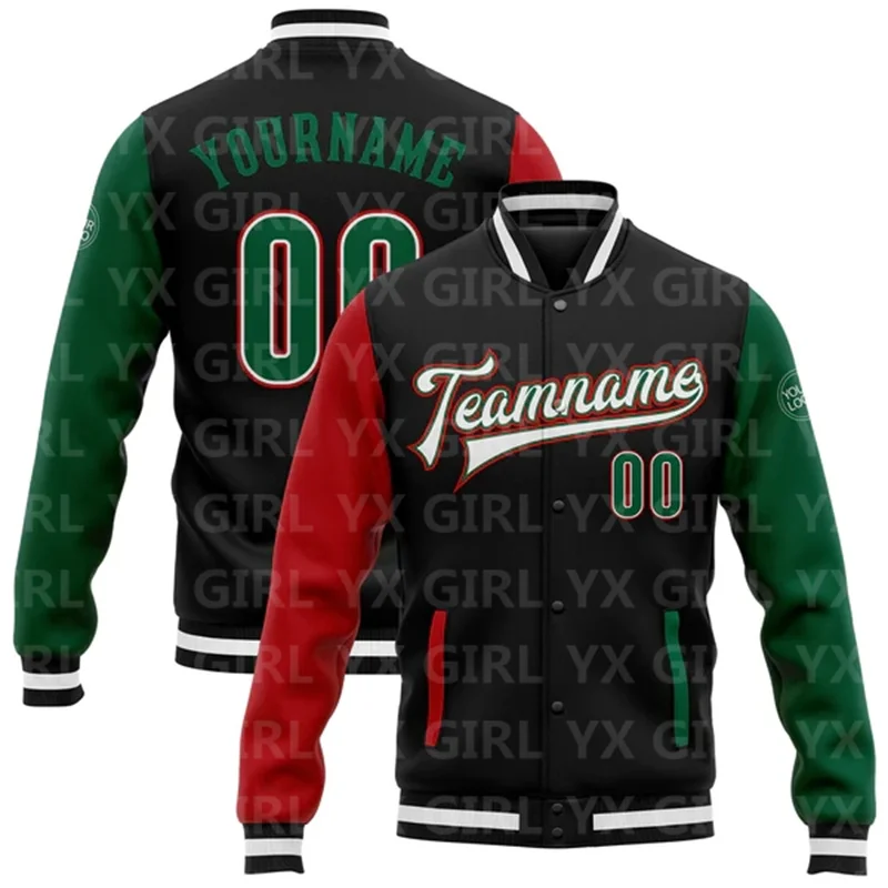 Custom Black Kelly Green-Red Bomber Full-Snap Varsity Letterman Two Tone Jacket Baseball Button Jacket
Custom Black Kelly Green-Red Bomber Full-Snap Varsity Letterman Two Tone Jacket Baseball Button Jacket