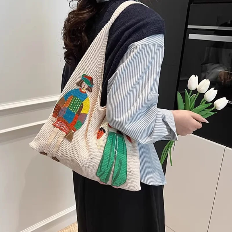 Cartoon Embroidered Knitted Tote Bag Large Capacity Woven Soft Trend Shoulder Bag Women Casual Summer Commute Shopping Handbag
Cartoon Embroidered Knitted Tote Bag Large Capacity Woven Soft Trend Shoulder Bag Women Casual Summer Commute Shopping Handbag
