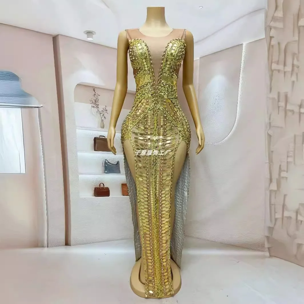 Golden Rhinestone Lenses High-end Split Dress Cocktail Party Evening Dress Stage Performance Dress Long
Golden Rhinestone Lenses High-end Split Dress Cocktail Party Evening Dress Stage Performance Dress Long