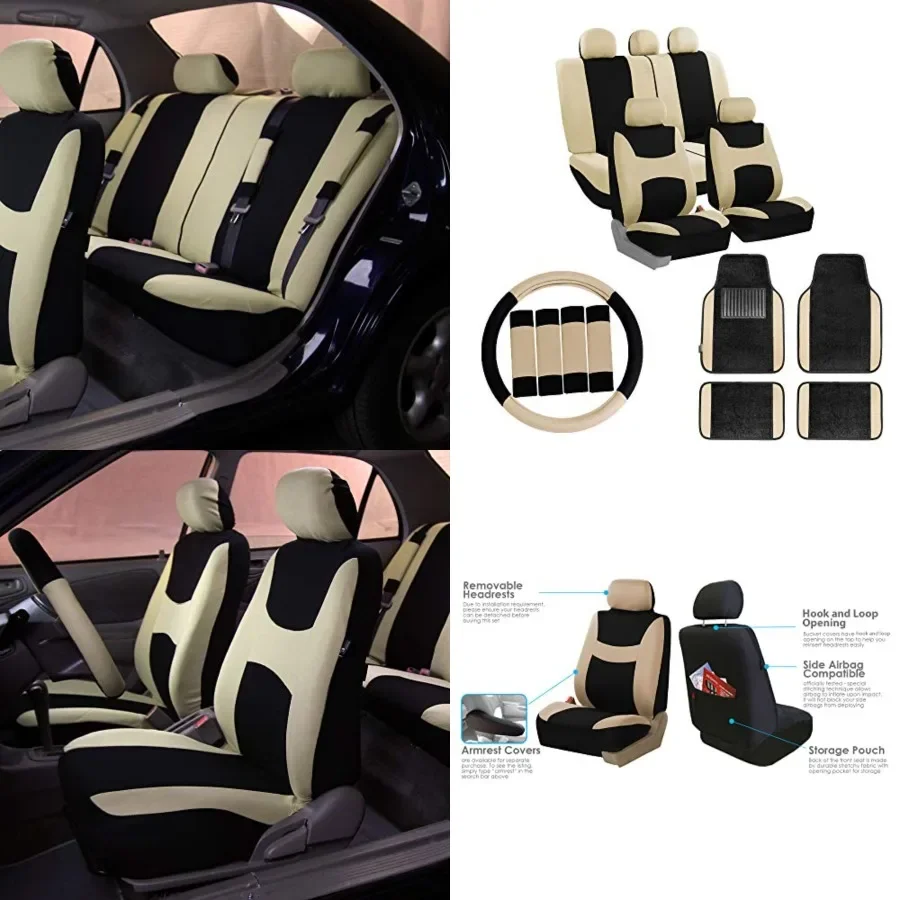 Car Seat Covers Combo Full Set with Carpet Floor mats Steering Wheel Cover and Seat Belt Pads- Universal Fit for Cars Trucks and SUVs (Beige)
Car Seat Covers Combo Full Set with Carpet Floor mats Steering Wheel Cover and Seat Belt Pads- Universal Fit for Cars Trucks and SUVs (Beige)