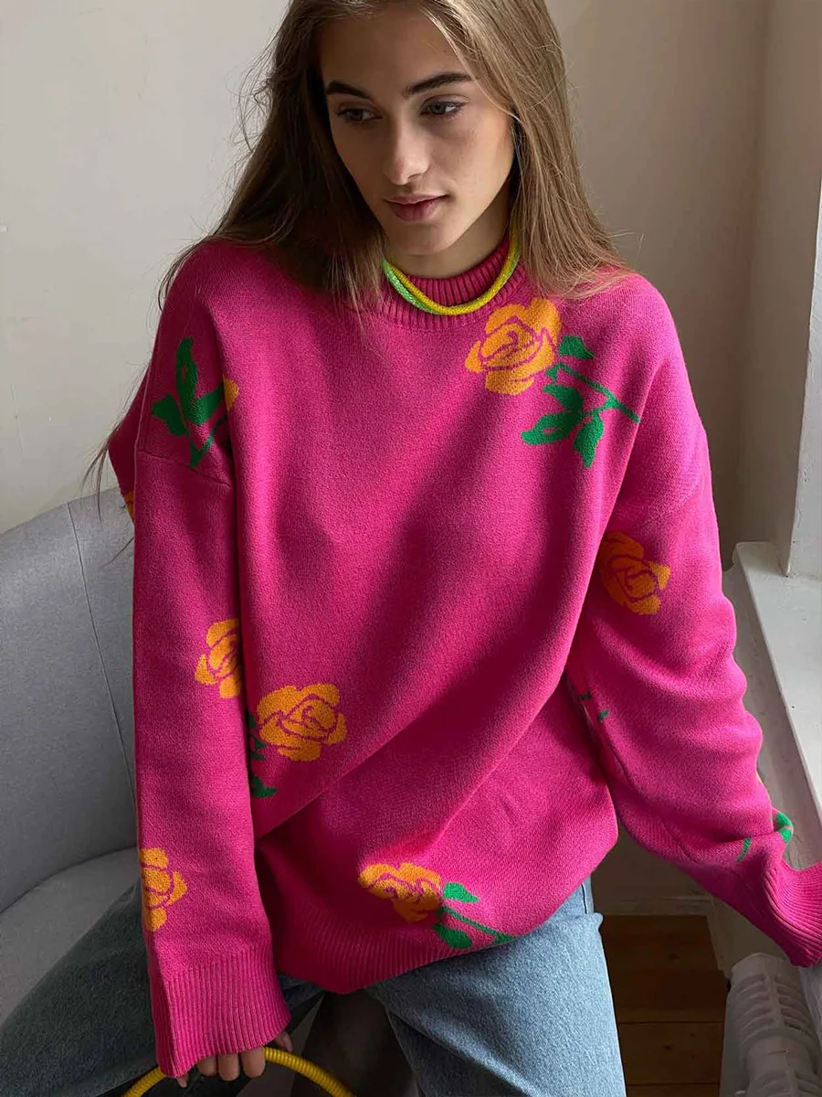 Knitting Warm Rose Print Sweater Women's Casual Loose Office Ladies Knitted Top Winter Oversized Knitted Pullover
Knitting Warm Rose Print Sweater Women's Casual Loose Office Ladies Knitted Top Winter Oversized Knitted Pullover