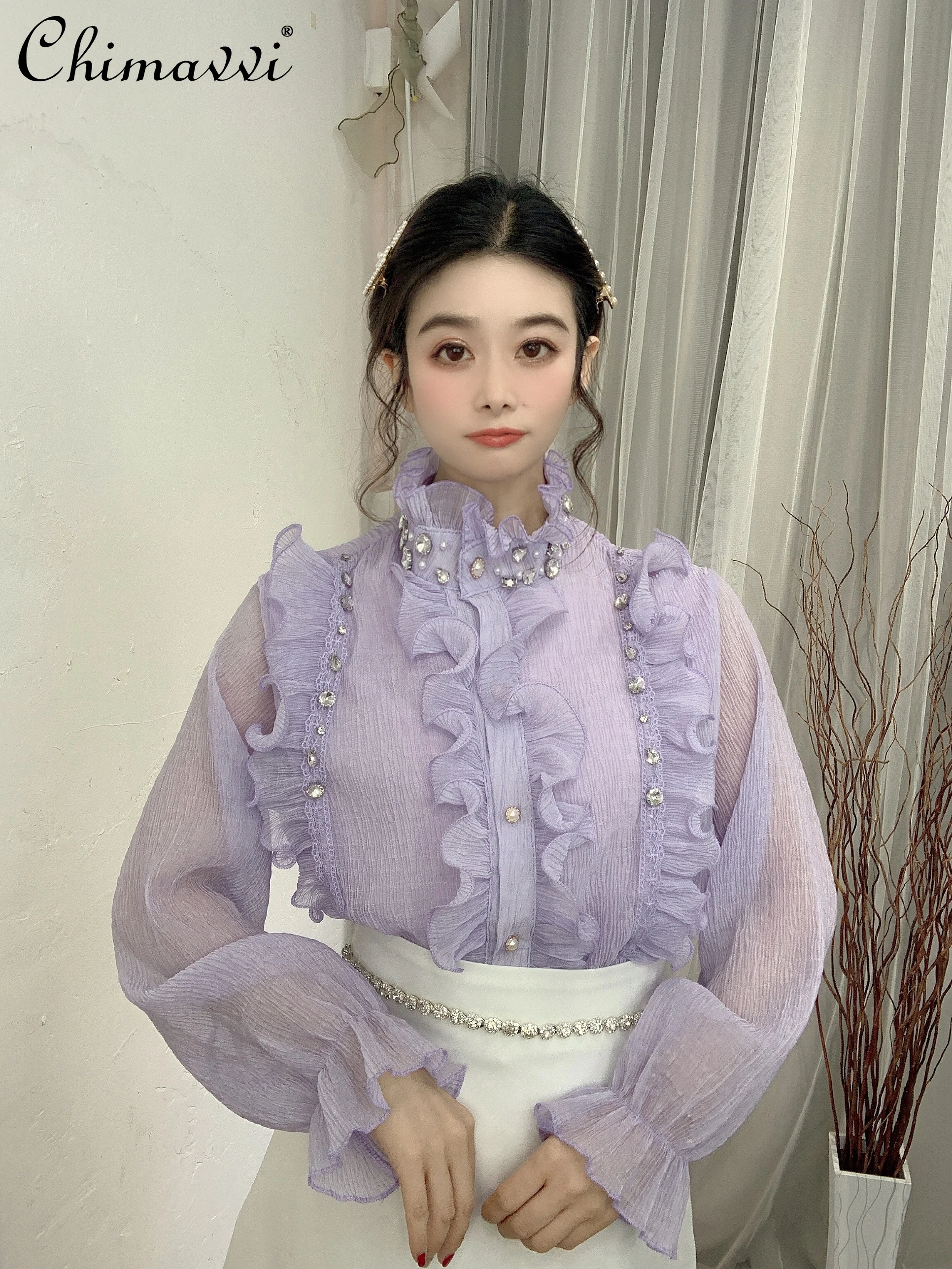 Heavy Wooden Ear Beaded Stand Single-Breasted Shirt for Women 2022 Spring New Fashion Sweet Fairy Lace Flare Sleeve Blouse
Heavy Wooden Ear Beaded Stand Single-Breasted Shirt for Women 2022 Spring New Fashion Sweet Fairy Lace Flare Sleeve Blouse