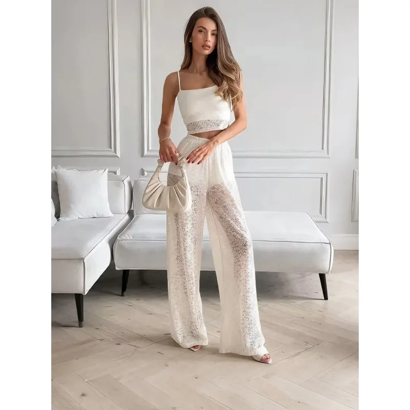 Summer Lace Printed 2 Piece-Set Women's Pants Women Sexy Backless See-Through Top And High Waist Straight Trousers Sets
Summer Lace Printed 2 Piece-Set Women's Pants Women Sexy Backless See-Through Top And High Waist Straight Trousers Sets