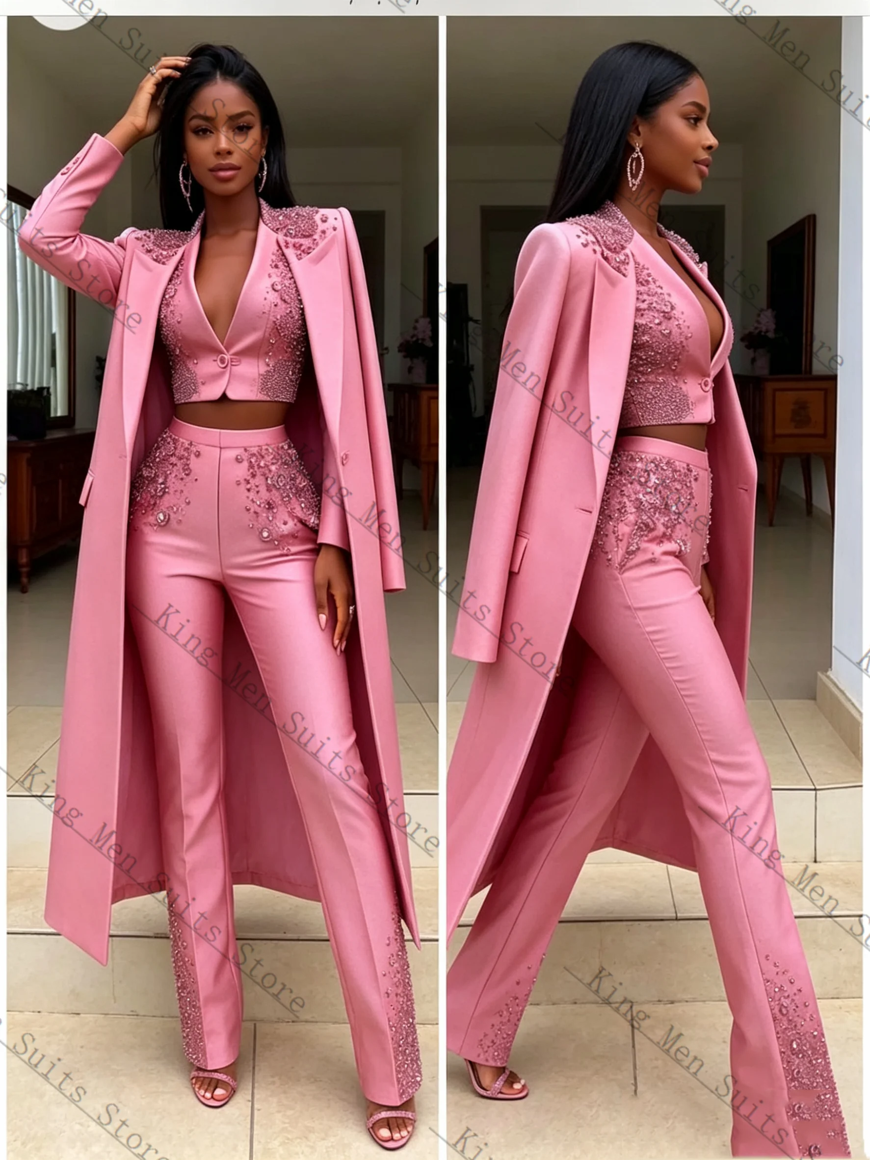 Luxury Pink Women Suits Set 3 Piece Long Overcoat+Blazer+Pants Trousers Formal Customized Office Lady Jacket Wedding Prom Coat
Luxury Pink Women Suits Set 3 Piece Long Overcoat+Blazer+Pants Trousers Formal Customized Office Lady Jacket Wedding Prom Coat