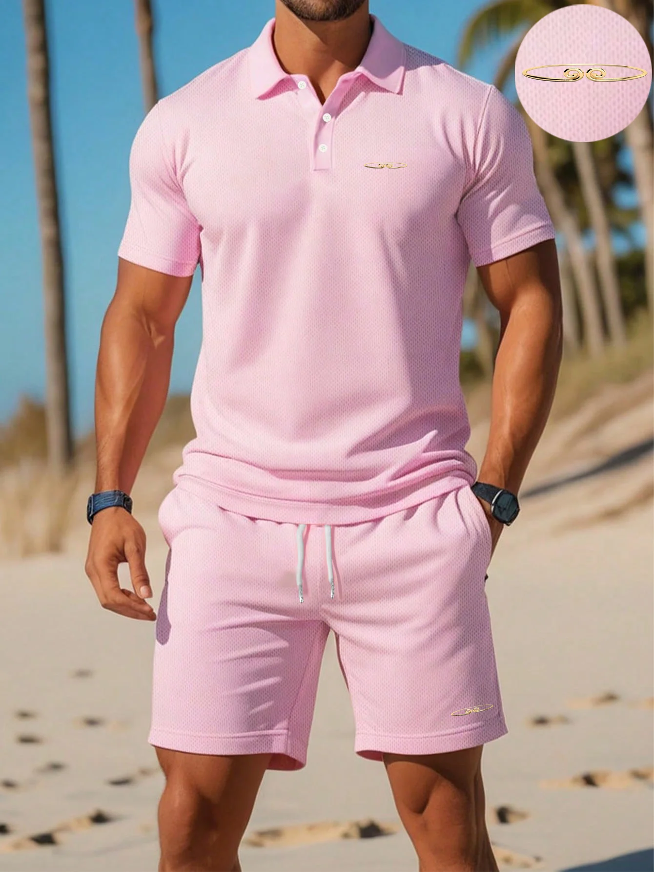2026 Men's Pink Mesh Gold Badge Printed Polo Shirt and Shorts Two-piece Quick Drying Casual Sportswear Set
2026 Men's Pink Mesh Gold Badge Printed Polo Shirt and Shorts Two-piece Quick Drying Casual Sportswear Set