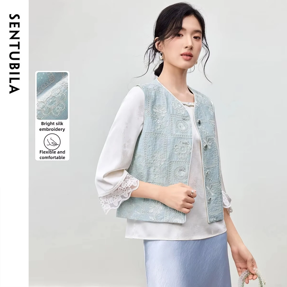 SENTUBILA Women's Linen Vest 2025 Autumn New Chinese Style V-Neck Contrast Color Disc Buckle Embroidery Sleeveless Top T53JD1763
SENTUBILA Women's Linen Vest 2025 Autumn New Chinese Style V-Neck Contrast Color Disc Buckle Embroidery Sleeveless Top T53JD1763