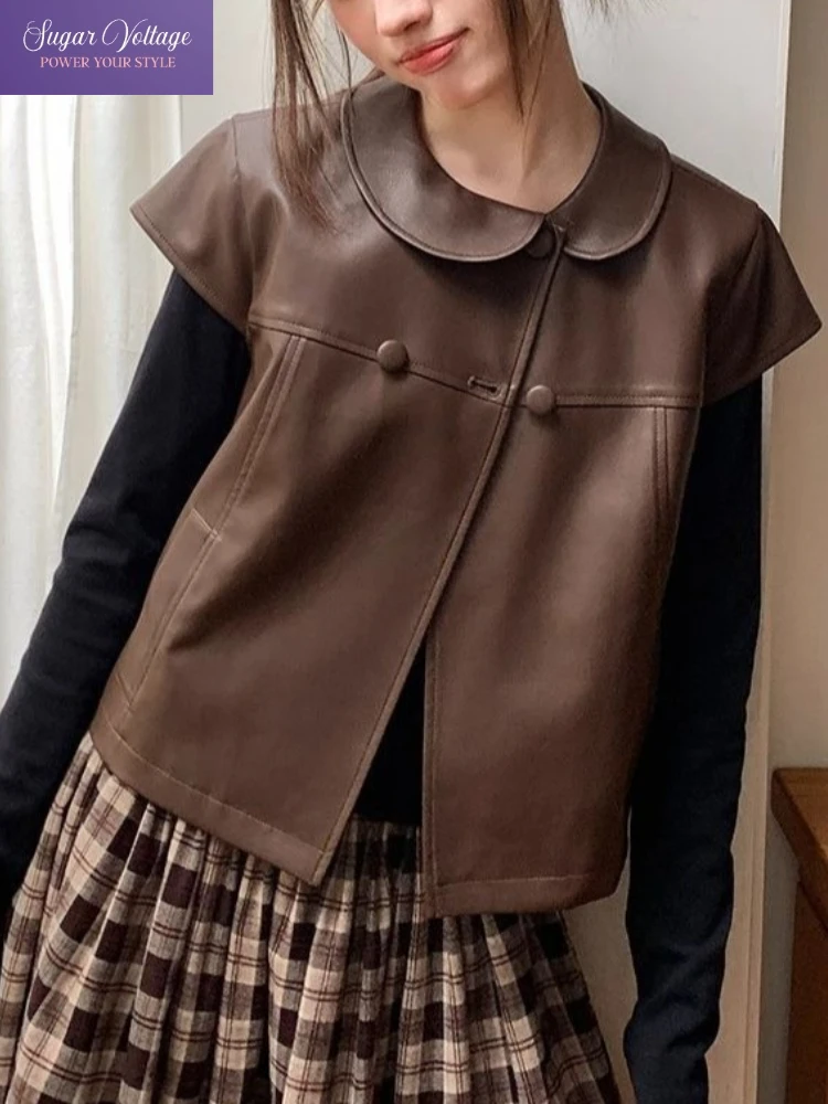 Vintage Y2K Sweet Harajuku Leather Vest Women Slim Peter Pan Collar Jacket Retro Chic Autumn Casual Elegant Fashion Clothes
Vintage Y2K Sweet Harajuku Leather Vest Women Slim Peter Pan Collar Jacket Retro Chic Autumn Casual Elegant Fashion Clothes