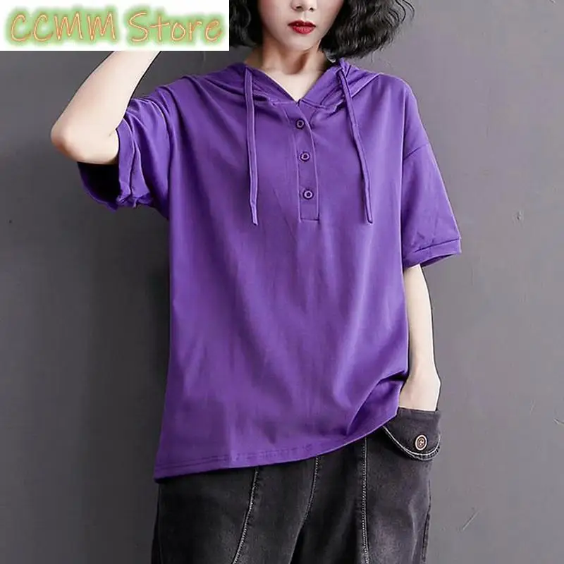 Fashion Solid Color Button All-match Hooded T-Shirts Women's Clothing Summer New Loose Casual Tops Commuter Tee Shirt
Fashion Solid Color Button All-match Hooded T-Shirts Women's Clothing Summer New Loose Casual Tops Commuter Tee Shirt