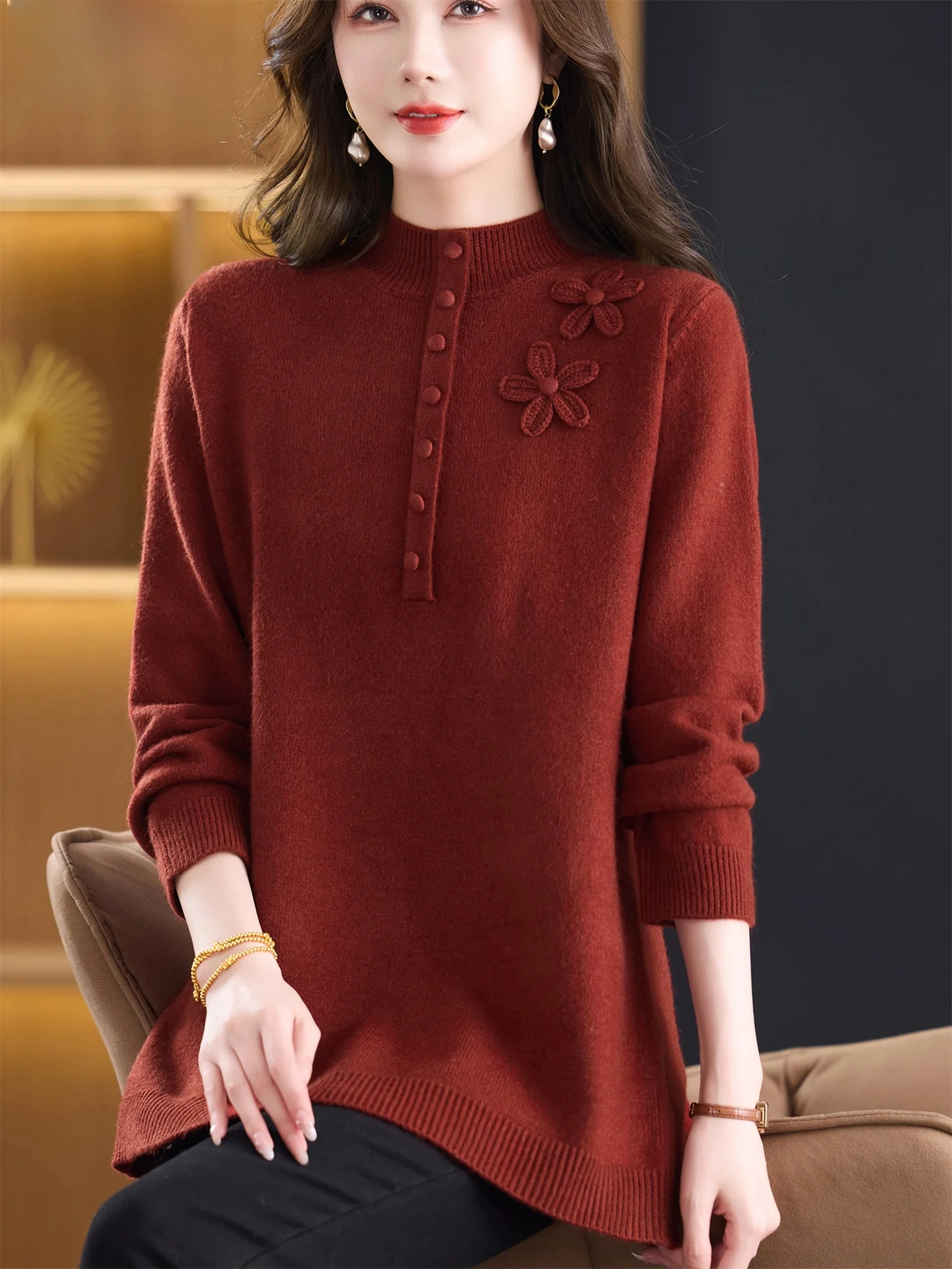 Ele Mid-Late, осенне-зимний вязаный свитер с высоким вырезом для женщин, универсальный шерстяной топ на пуговицах с цветочным декором
Ele Mid-Late, осенне-зимний вязаный свитер с высоким вырезом для женщин, универсальный шерстяной топ на пуговицах с цветочным декором