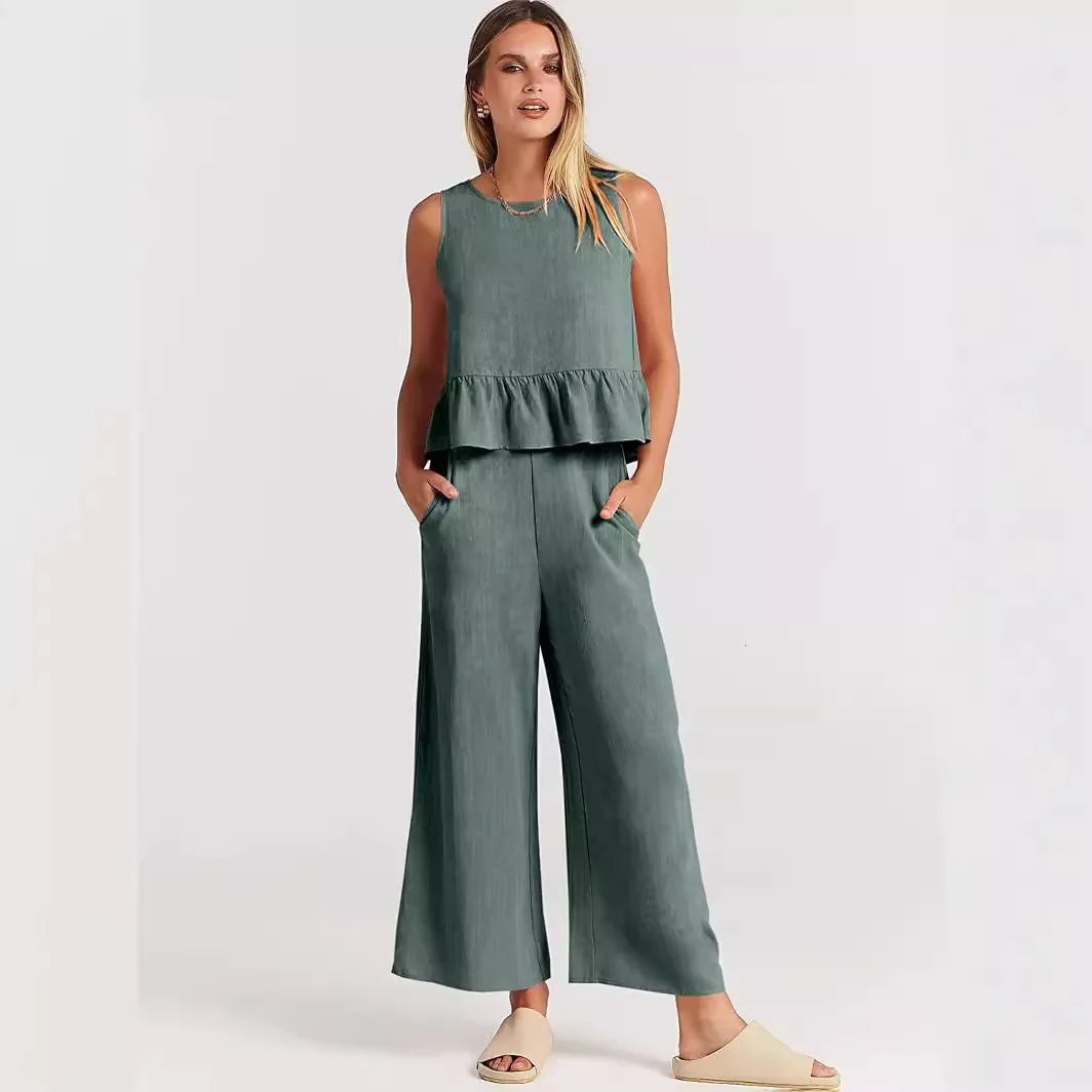 Set Of Women's Retro Round Neck Pleated T-shirt Top With Pocket Wide Legs Pants New
Set Of Women's Retro Round Neck Pleated T-shirt Top With Pocket Wide Legs Pants New
