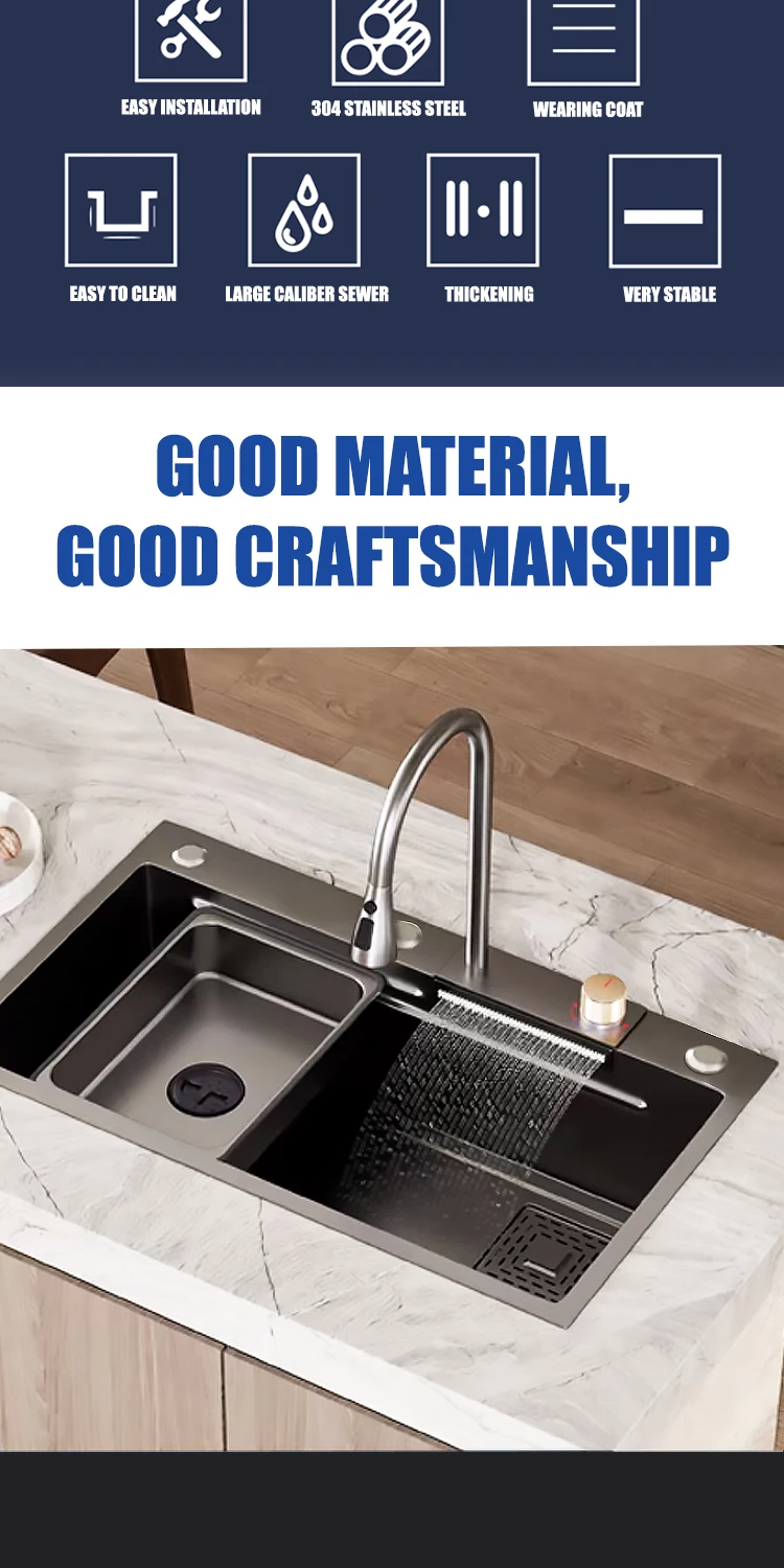Hand Pull Out Multifunctional 304 Stainless Steel Waterfall Kitchen Sink with Knife Holder
Hand Pull Out Multifunctional 304 Stainless Steel Waterfall Kitchen Sink with Knife Holder