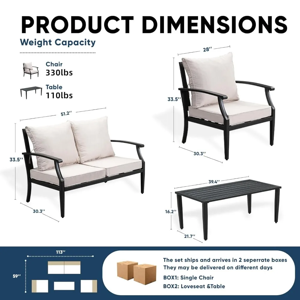 4 Piece Outdoor Patio Furniture Set, Oversized Metal Conversation Set with High Back & Deep Seating, Customized
4 Piece Outdoor Patio Furniture Set, Oversized Metal Conversation Set with High Back & Deep Seating, Customized