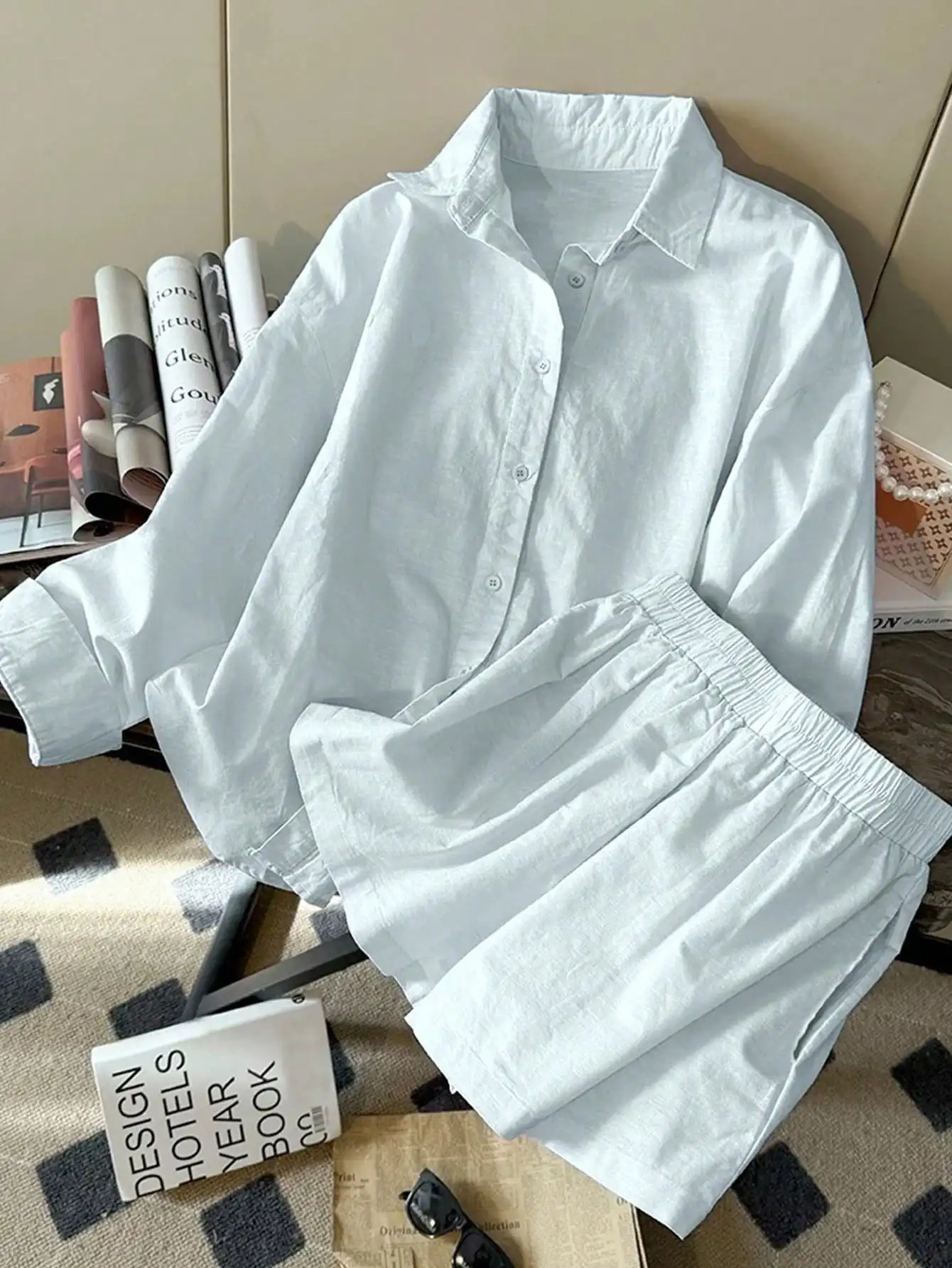 Women Casual Linen Loose Long Sleeve Shirt And Shorts Set
Women Casual Linen Loose Long Sleeve Shirt And Shorts Set