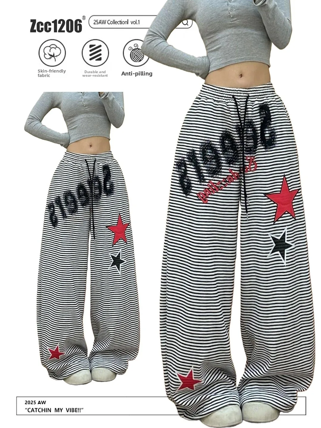 Retro American Star Striped Women's Casual Pants Fleece Lined Floor Length Loose Wide Leg Trousers for Autumn Winter
Retro American Star Striped Women's Casual Pants Fleece Lined Floor Length Loose Wide Leg Trousers for Autumn Winter