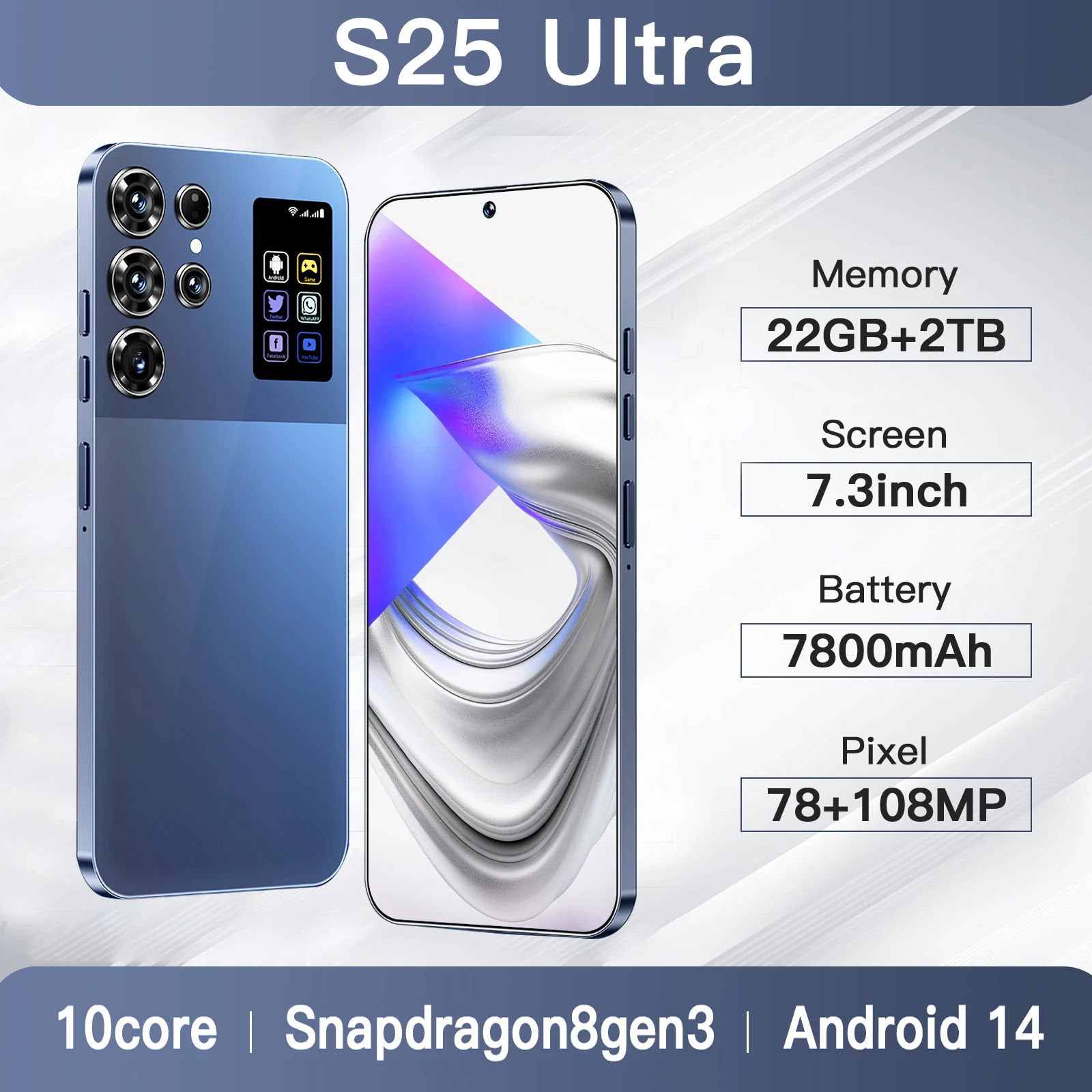 Smartphone S25 Ultra 7.3inch HD 5G Snapdragon 8Gen3 22GB+2TB Android 14 7800mAh 78+108MP Mobile phone Face Recognition
Smartphone S25 Ultra 7.3inch HD 5G Snapdragon 8Gen3 22GB+2TB Android 14 7800mAh 78+108MP Mobile phone Face Recognition