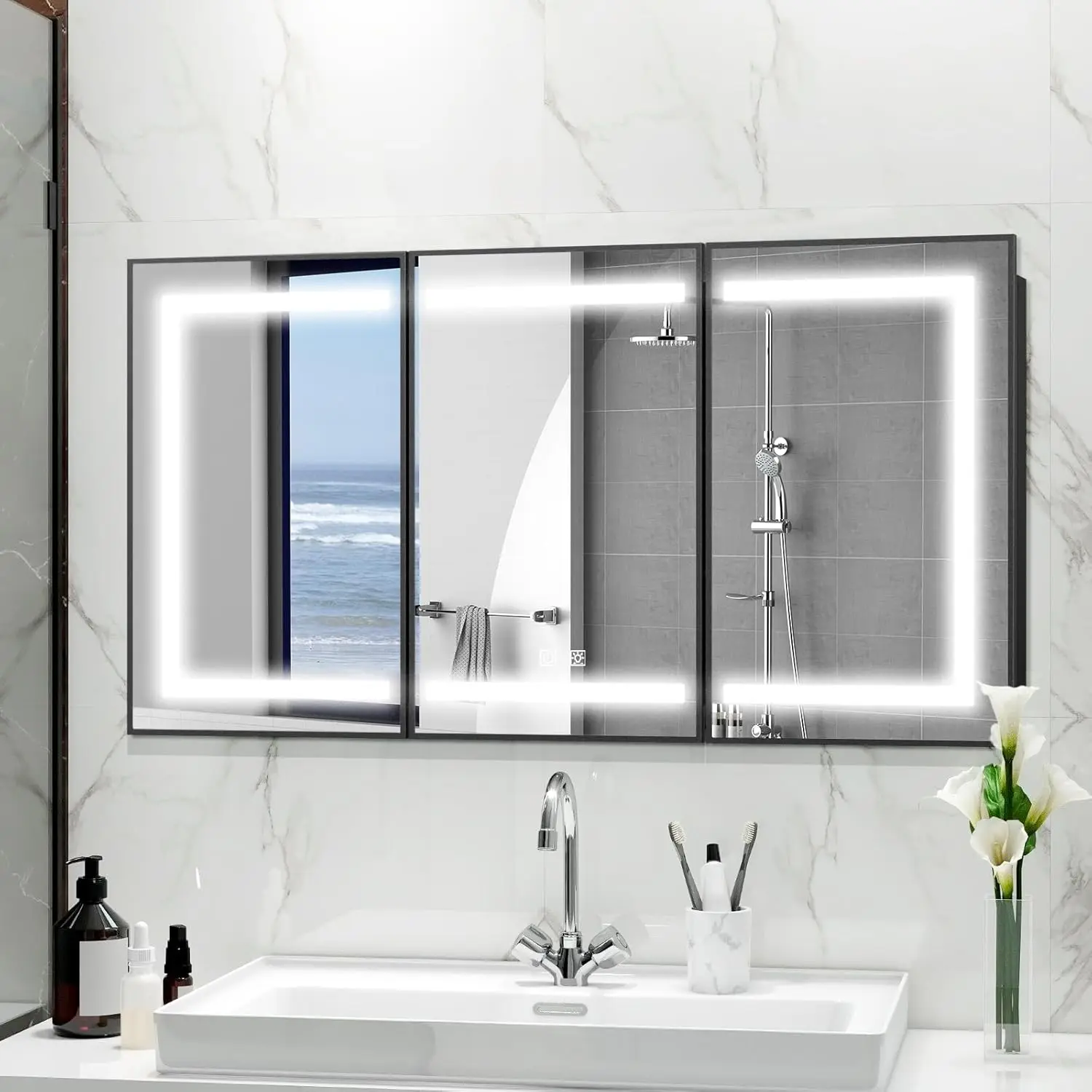 Lighted Medicine Cabinet with Mirror, Bathroom Mirror Cabinet with Lights and Storage, 3 Doors Bathroom Wall Cabinet, 60"x32"
Lighted Medicine Cabinet with Mirror, Bathroom Mirror Cabinet with Lights and Storage, 3 Doors Bathroom Wall Cabinet, 60"x32"