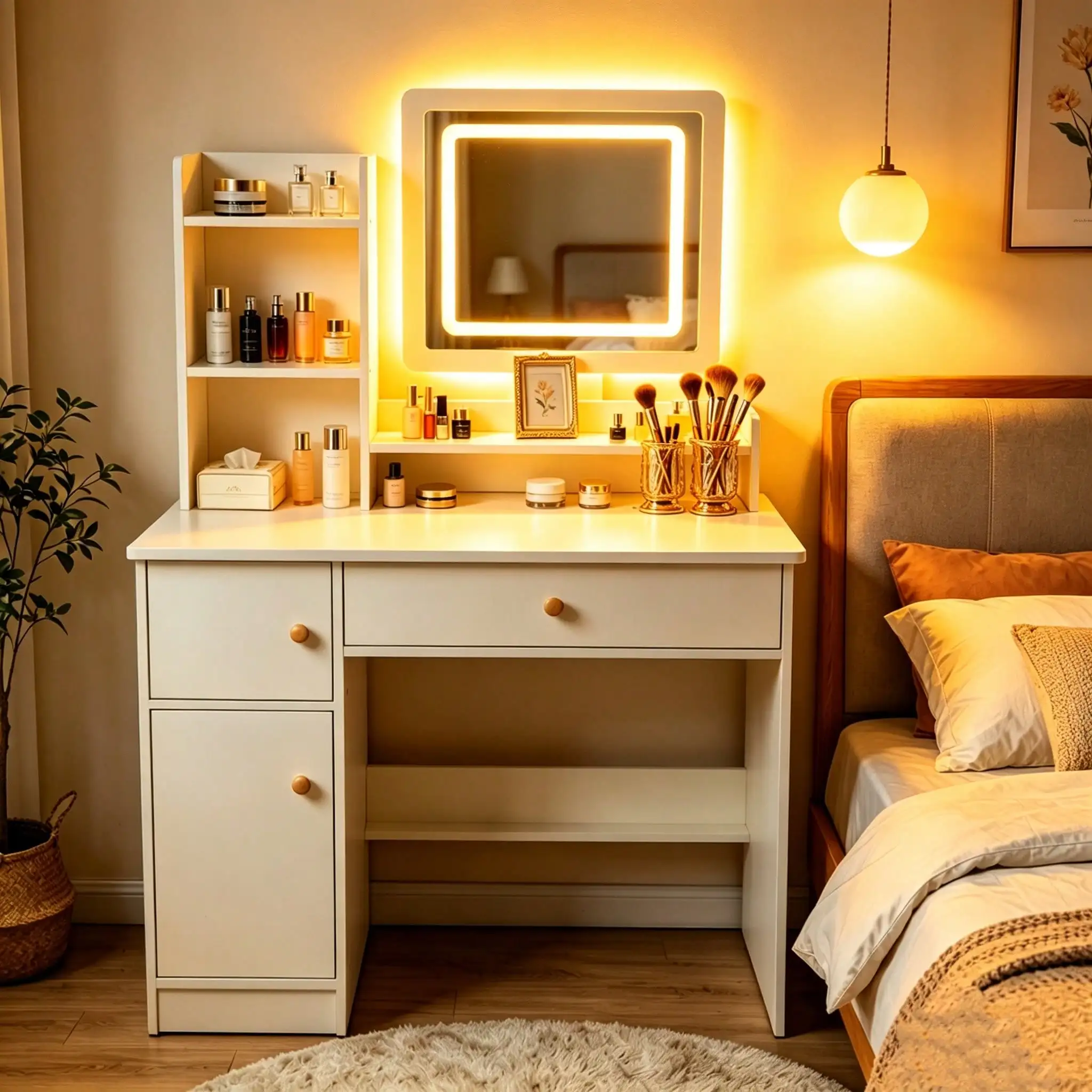 3 Color Light Square LED Mirror Vanity Desk for Teen Girls Bedroom, Makeup Table with Drawer & Cabinet Storage
3 Color Light Square LED Mirror Vanity Desk for Teen Girls Bedroom, Makeup Table with Drawer & Cabinet Storage
