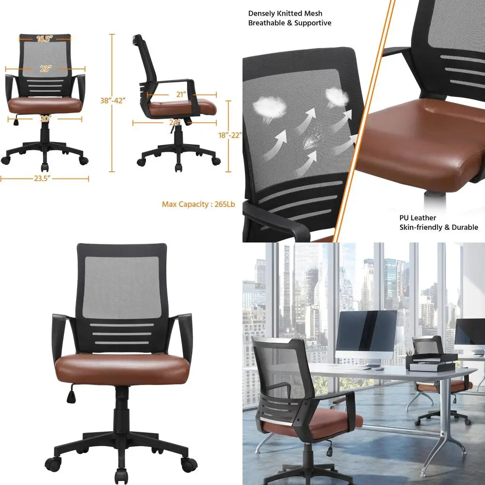 Executive Leather Seat Mesh Back Office Chair with Armrests and Lumbar Support, Brown
Executive Leather Seat Mesh Back Office Chair with Armrests and Lumbar Support, Brown