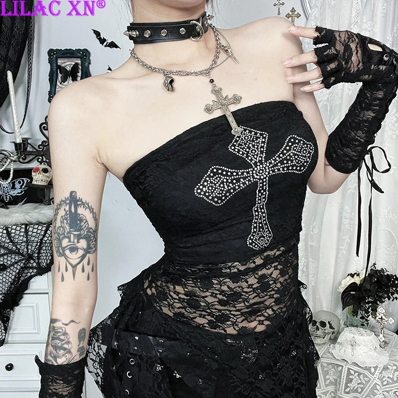 Y2K Sexy Black Rhinestone Cross Lace See Through Tube Top Goth Off-Shoulder Backless Corset Tops Tassel Tank Top Women Summer
Y2K Sexy Black Rhinestone Cross Lace See Through Tube Top Goth Off-Shoulder Backless Corset Tops Tassel Tank Top Women Summer