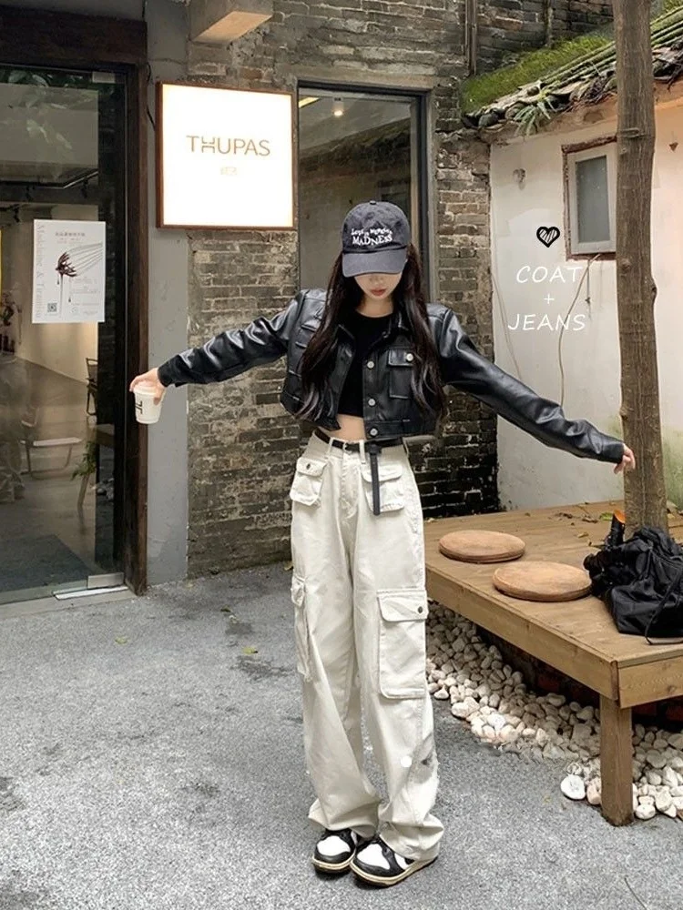 American High Street ort PU Leather Jaet Motorcycle Top Spring Autumn Loose Women's Cool Sle Windproof Outerwear
American High Street ort PU Leather Jaet Motorcycle Top Spring Autumn Loose Women's Cool Sle Windproof Outerwear