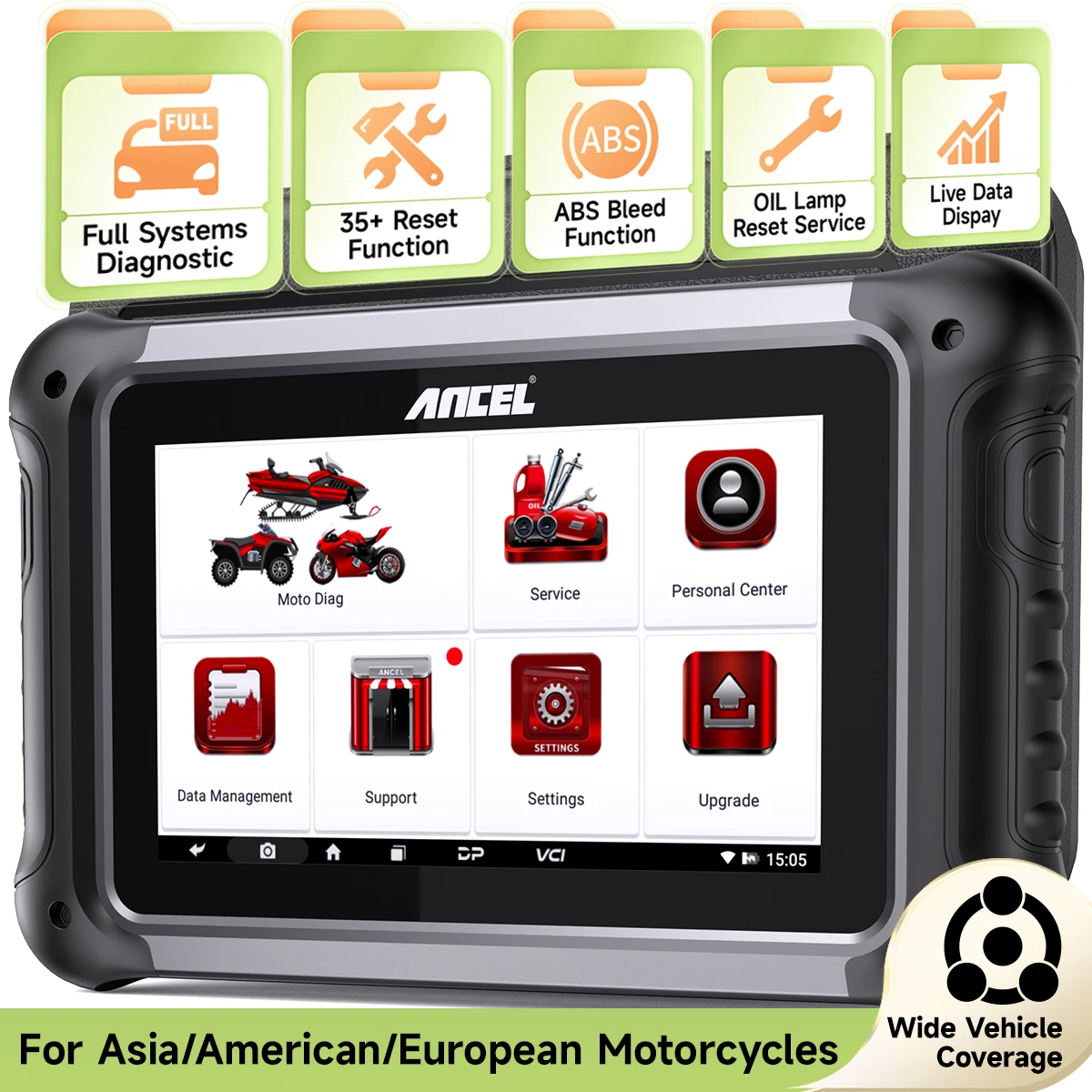 All Systems Motorcycles Diagnsotic Tool Oil Service reset ABS Bleeding TPS ECU Reset ANCEL MT700 For BMW/Triumph/Ducati/Honda
All Systems Motorcycles Diagnsotic Tool Oil Service reset ABS Bleeding TPS ECU Reset ANCEL MT700 For BMW/Triumph/Ducati/Honda