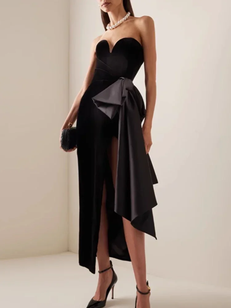 Sexy Strapless Bow Patchwork Split Long Dress Women Black Velvet Sleeveless Backless Slim Dresses Evening Party Cocktail Gowns
Sexy Strapless Bow Patchwork Split Long Dress Women Black Velvet Sleeveless Backless Slim Dresses Evening Party Cocktail Gowns