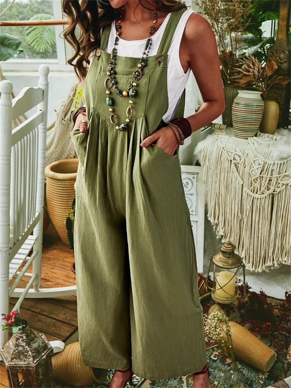 2023 Women's Thick Linen Cotton Solid Color Sleeveless Pocket Casual Wide Leg Side Button Jumpsuit Streetwear Women
2023 Women's Thick Linen Cotton Solid Color Sleeveless Pocket Casual Wide Leg Side Button Jumpsuit Streetwear Women
