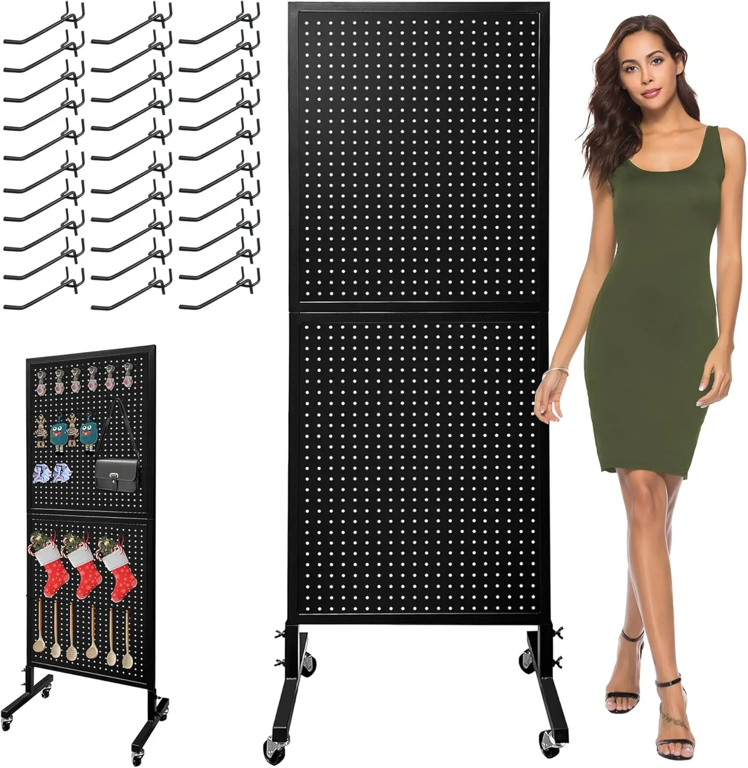 2 x 5.5 Feet Pegboard with Wheels, 30 Hooks, Standing Display in Black Metal
2 x 5.5 Feet Pegboard with Wheels, 30 Hooks, Standing Display in Black Metal