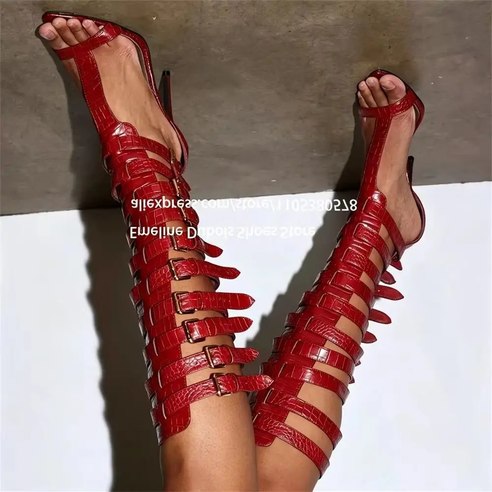 Brown Alligator Knee High Heel Sandals Multi Metal Buckle Hollow Strap Women Thin Stiletto Boots Open Toe Club Party Shoes
Brown Alligator Knee High Heel Sandals Multi Metal Buckle Hollow Strap Women Thin Stiletto Boots Open Toe Club Party Shoes