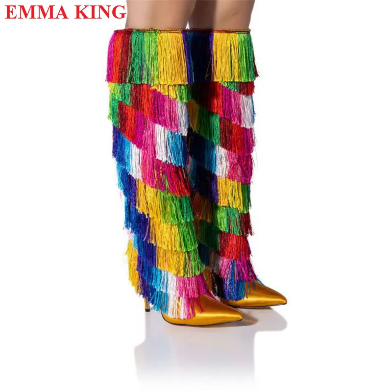 Fashion Womens Rainbow Fringe Party Knee High Boots Satin High Heels Stiletto Dress Shoes Winter Pointed Toe Boots Women 2023
Fashion Womens Rainbow Fringe Party Knee High Boots Satin High Heels Stiletto Dress Shoes Winter Pointed Toe Boots Women 2023