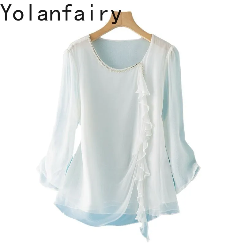YOLANFAIRY 100% Real Mulberry Silk Blouses for Woman Elegant Summer 2026 O-neck Fashion Beaded Shirts Female White Shirt Ruffled
YOLANFAIRY 100% Real Mulberry Silk Blouses for Woman Elegant Summer 2026 O-neck Fashion Beaded Shirts Female White Shirt Ruffled