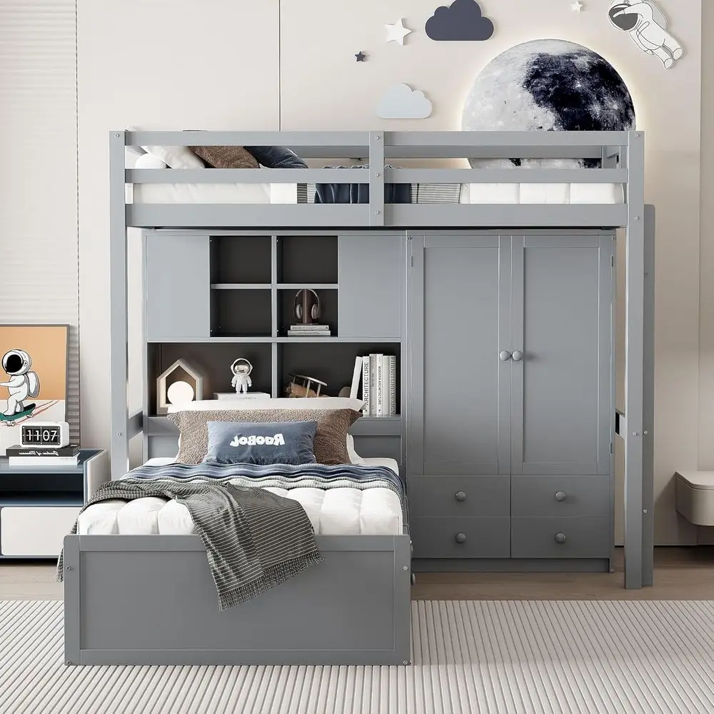 Gray Twin Over Twin L-Shaped Bunk Bed with Storage Shelves, Wardrobe, and Hydraulic Lift for Kids and Teens
Gray Twin Over Twin L-Shaped Bunk Bed with Storage Shelves, Wardrobe, and Hydraulic Lift for Kids and Teens