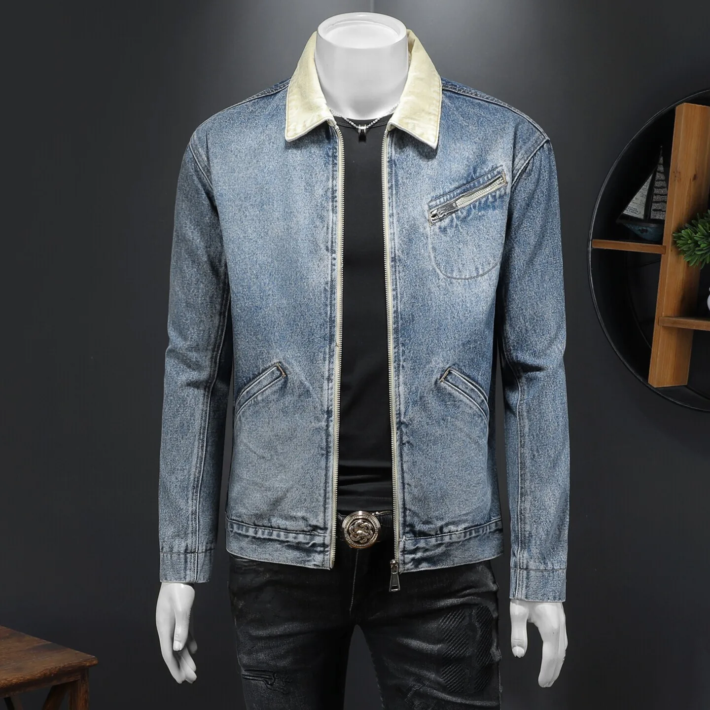 Blue Waed Zipper Denim Jaet Men's Spring Autumn New Sle Retro Lapel Coat Stand Fit Casual Cotton Polyester Blend
Blue Waed Zipper Denim Jaet Men's Spring Autumn New Sle Retro Lapel Coat Stand Fit Casual Cotton Polyester Blend