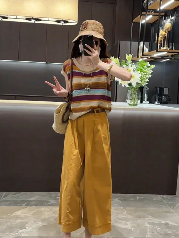 Summer Women's Fashionable Hollow out Color Block Sleeveless Striped Top Casual Loose Straight Leg Solid Color Pants Set
Summer Women's Fashionable Hollow out Color Block Sleeveless Striped Top Casual Loose Straight Leg Solid Color Pants Set