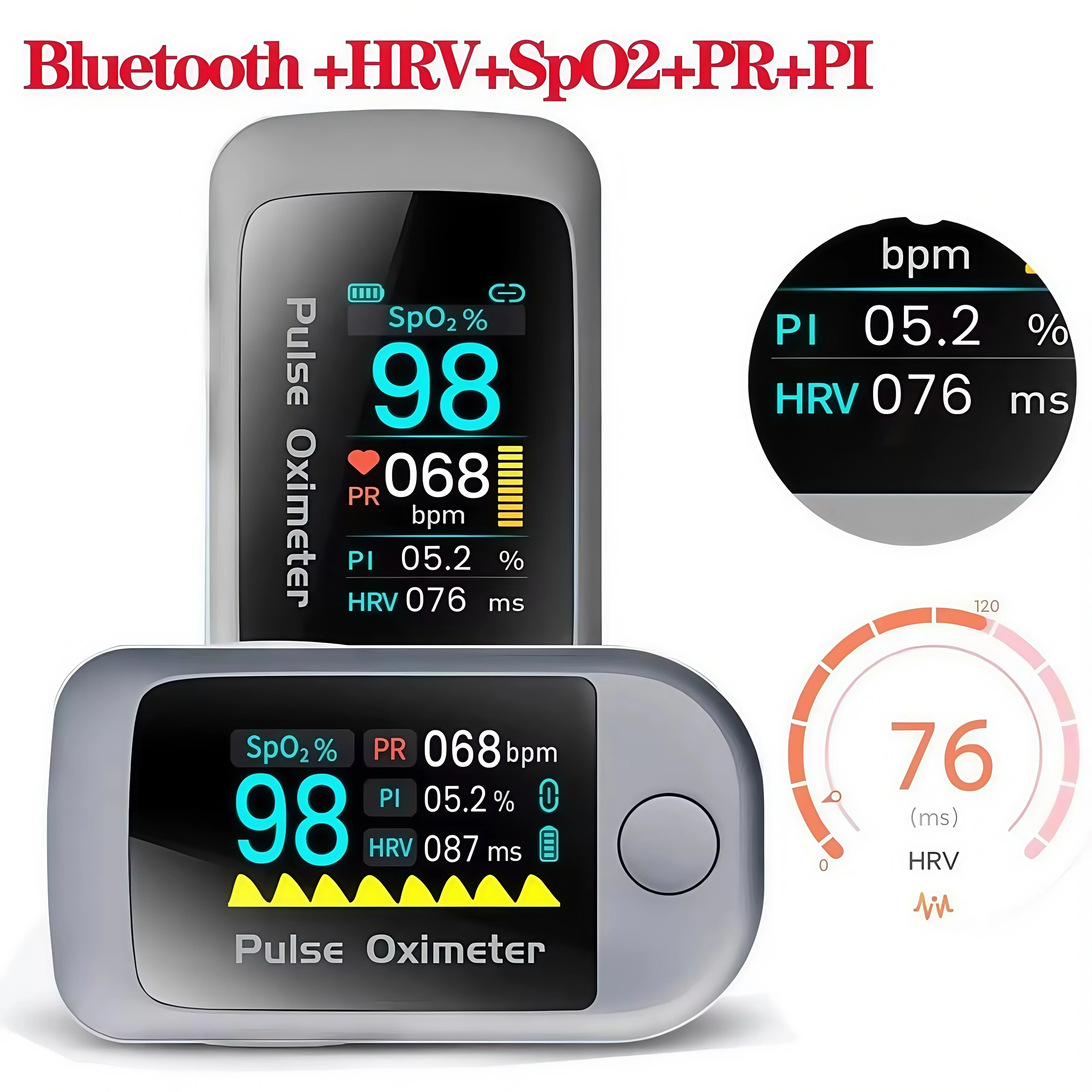 Bluetooth multifunctional blood oxygen monitor, HRV fingertip pulse, heart rate and blood oxygen saturation, blood oxygen meter
Bluetooth multifunctional blood oxygen monitor, HRV fingertip pulse, heart rate and blood oxygen saturation, blood oxygen meter