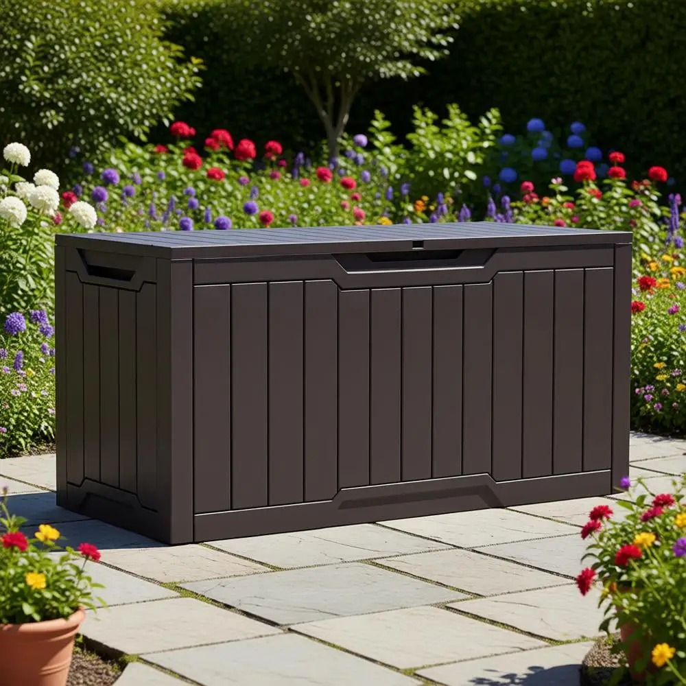 Всепогодный ящик для хранения из полимерной смолы на 100 галлонов, запираемый уличный контейнер для принадлежностей и необходимых вещей, коричневый
Всепогодный ящик для хранения из полимерной смолы на 100 галлонов, запираемый уличный контейнер для принадлежностей и необходимых вещей, коричневый