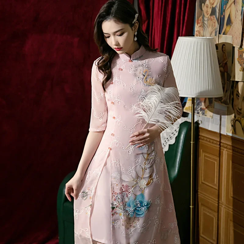 Yourqipao Chiffon Cheongsam Crane Embroidery Girl Improved Chinese Traditional Style Wedding Party Dress Aodai Qipao for Women
Yourqipao Chiffon Cheongsam Crane Embroidery Girl Improved Chinese Traditional Style Wedding Party Dress Aodai Qipao for Women