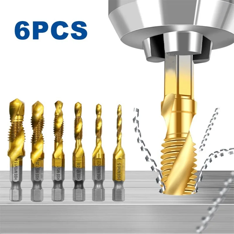 Drilling and Tapping Taps Titanium-plated Machined Hole Tapping Chamfering Taps 6pc High Speed Steel Composite Taps Drill Bits
Drilling and Tapping Taps Titanium-plated Machined Hole Tapping Chamfering Taps 6pc High Speed Steel Composite Taps Drill Bits