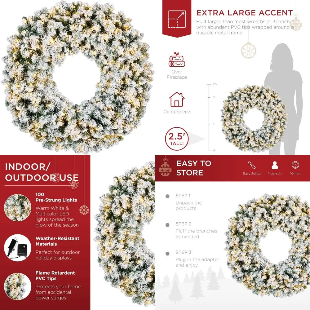 Large 30-inch Flocked Artificial Pre-Lit Fir Christmas Wreath with 100 Dual LED Lights - Holiday Decor Accent
Large 30-inch Flocked Artificial Pre-Lit Fir Christmas Wreath with 100 Dual LED Lights - Holiday Decor Accent