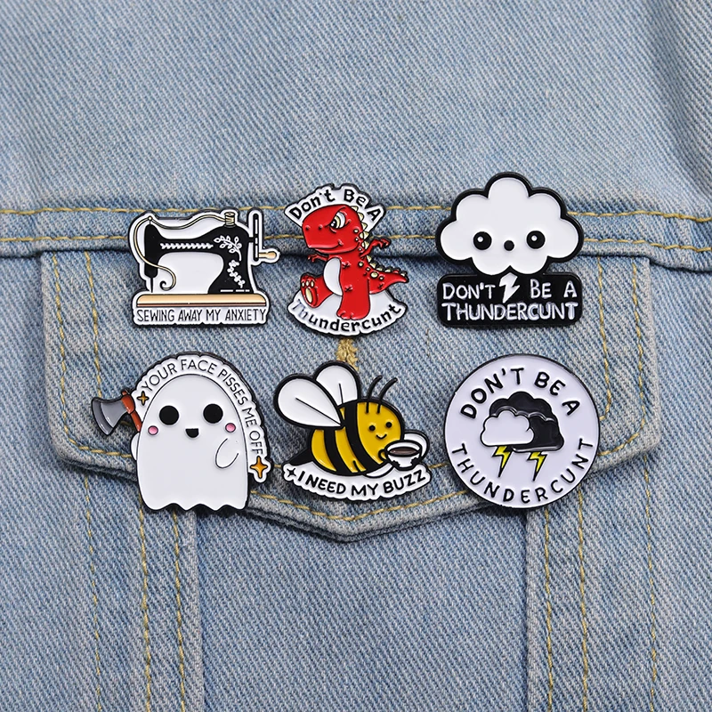 Cartoon Dinosaur Sewing Machine Bee Enamel Pins DON'T BE A THUNDERCUNT Funny Cute Lightning Cloud Brooches Backpack Lapel Badge
Cartoon Dinosaur Sewing Machine Bee Enamel Pins DON'T BE A THUNDERCUNT Funny Cute Lightning Cloud Brooches Backpack Lapel Badge