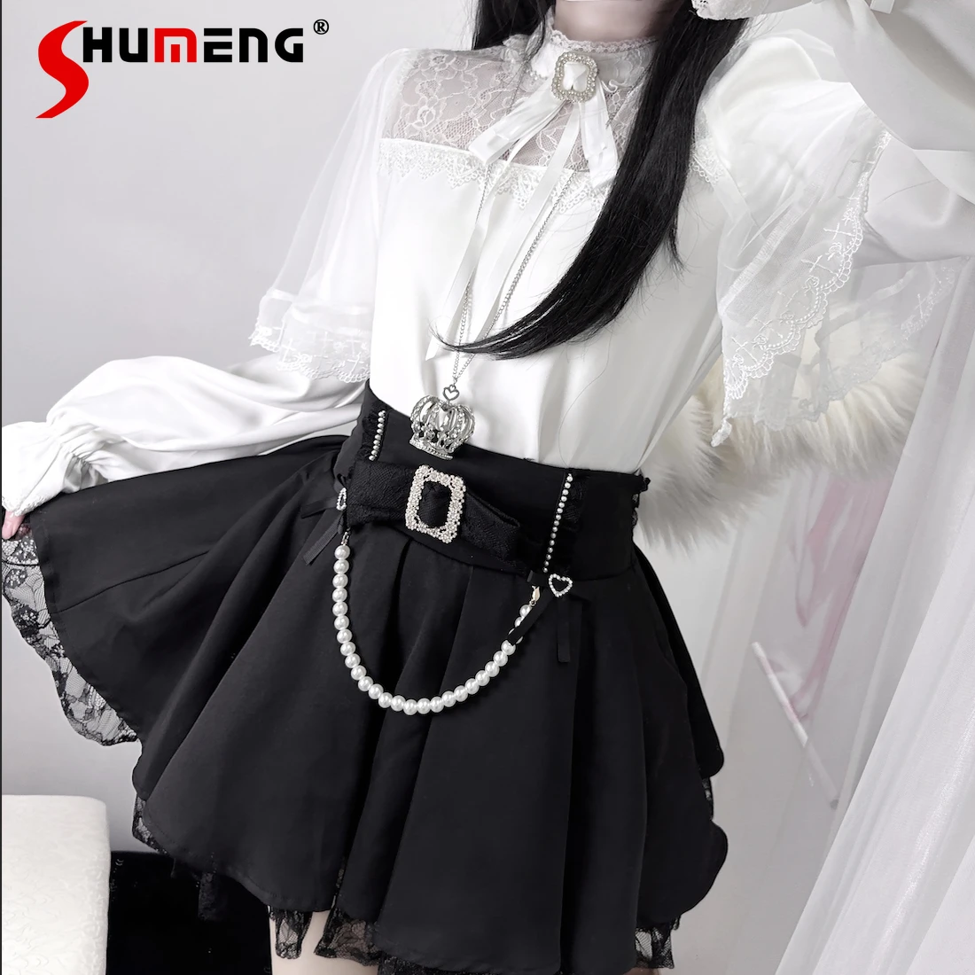 Mine Series Mass-produced Lace Edge Pearl Chain Black High-waisted Skirt Spring New Women's Sweet Bow Horn Sleeve Lo Shirt Tops
Mine Series Mass-produced Lace Edge Pearl Chain Black High-waisted Skirt Spring New Women's Sweet Bow Horn Sleeve Lo Shirt Tops