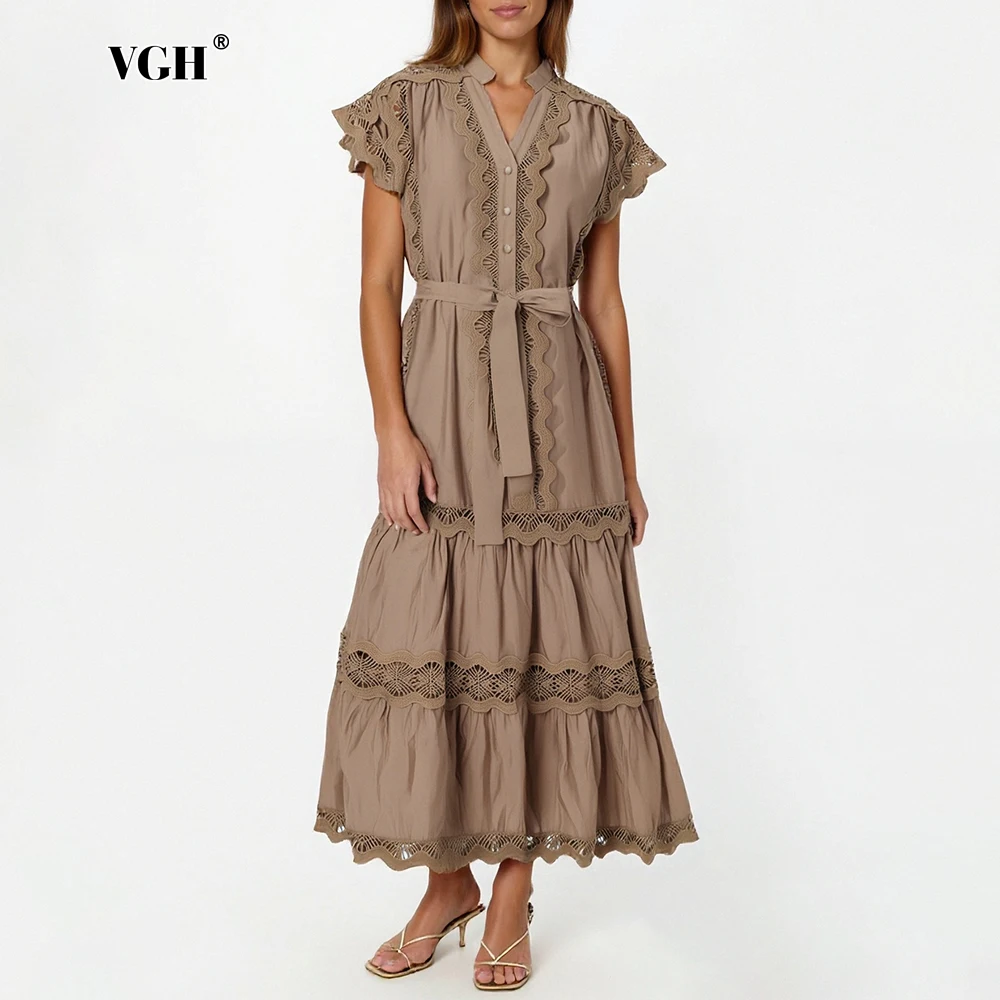 VGH Elegant Basics Loose Spliced Hollow Out Dress for Women V Neck Short Sleeve Patchwork Lace Up Midi Dresses Female Summer New
VGH Elegant Basics Loose Spliced Hollow Out Dress for Women V Neck Short Sleeve Patchwork Lace Up Midi Dresses Female Summer New