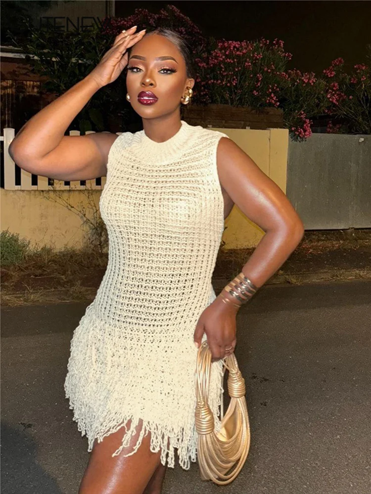 Cutenew-Women's Knit Hipster Dresses, Patchwork Ruched Tassel, O-Neck Sleeveless Vestidos, Classic Attractive Streetwear 
Cutenew-Women's Knit Hipster Dresses, Patchwork Ruched Tassel, O-Neck Sleeveless Vestidos, Classic Attractive Streetwear