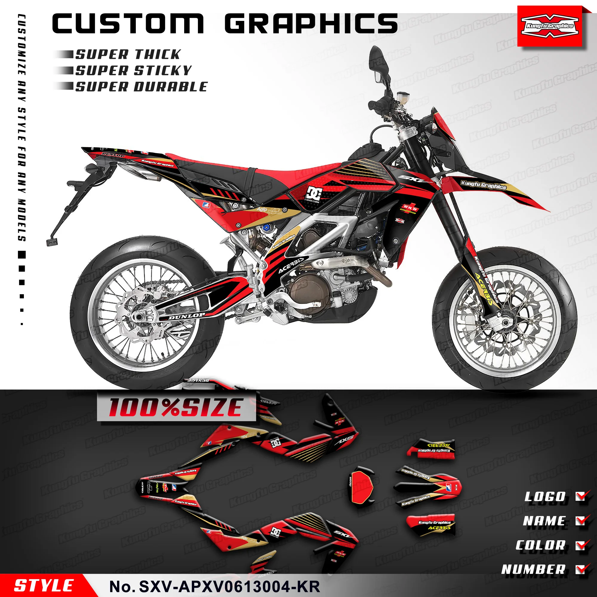 KUNGFU, графическая клейкая наклейка, дизайн для Aprilia SXV 450 550 2006-2013, SXV-APXV0613004-KR
KUNGFU, графическая клейкая наклейка, дизайн для Aprilia SXV 450 550 2006-2013, SXV-APXV0613004-KR