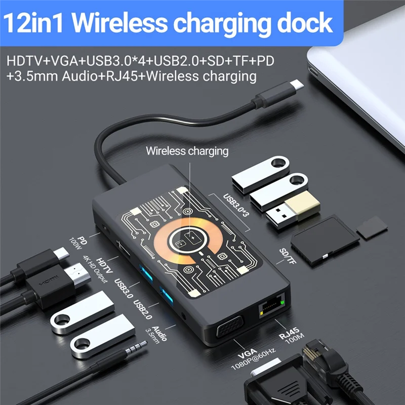 Efficient 12 In 1 Wireless Charging Hub USB-C Docking Station Dual Monitor With VGA,USB3.0/2.0,SD/TF,RJ45 100M,Audio3.5
Efficient 12 In 1 Wireless Charging Hub USB-C Docking Station Dual Monitor With VGA,USB3.0/2.0,SD/TF,RJ45 100M,Audio3.5